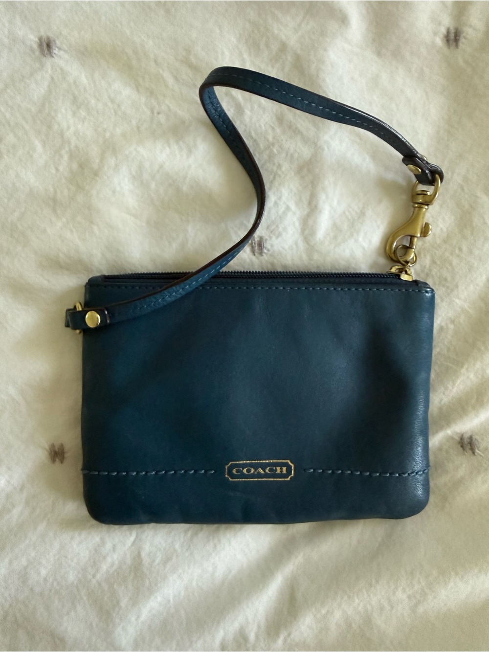 Coach Dark Teal Leather Wristlet with Gold Hardware